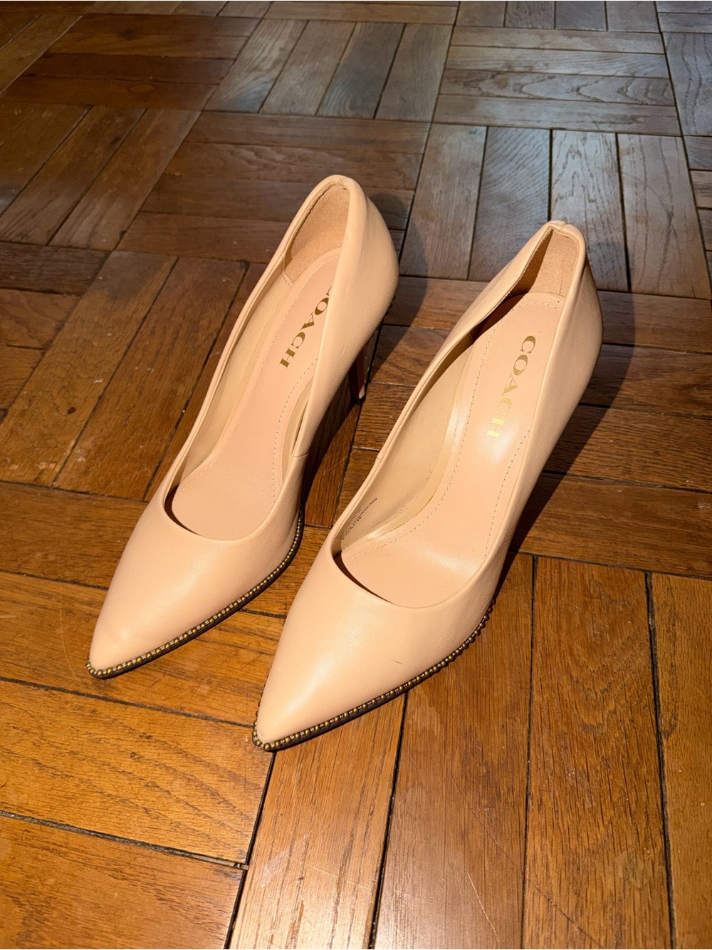 Coach Blush/Nude Leather Pointed-Toe Stud-Trim Pumps